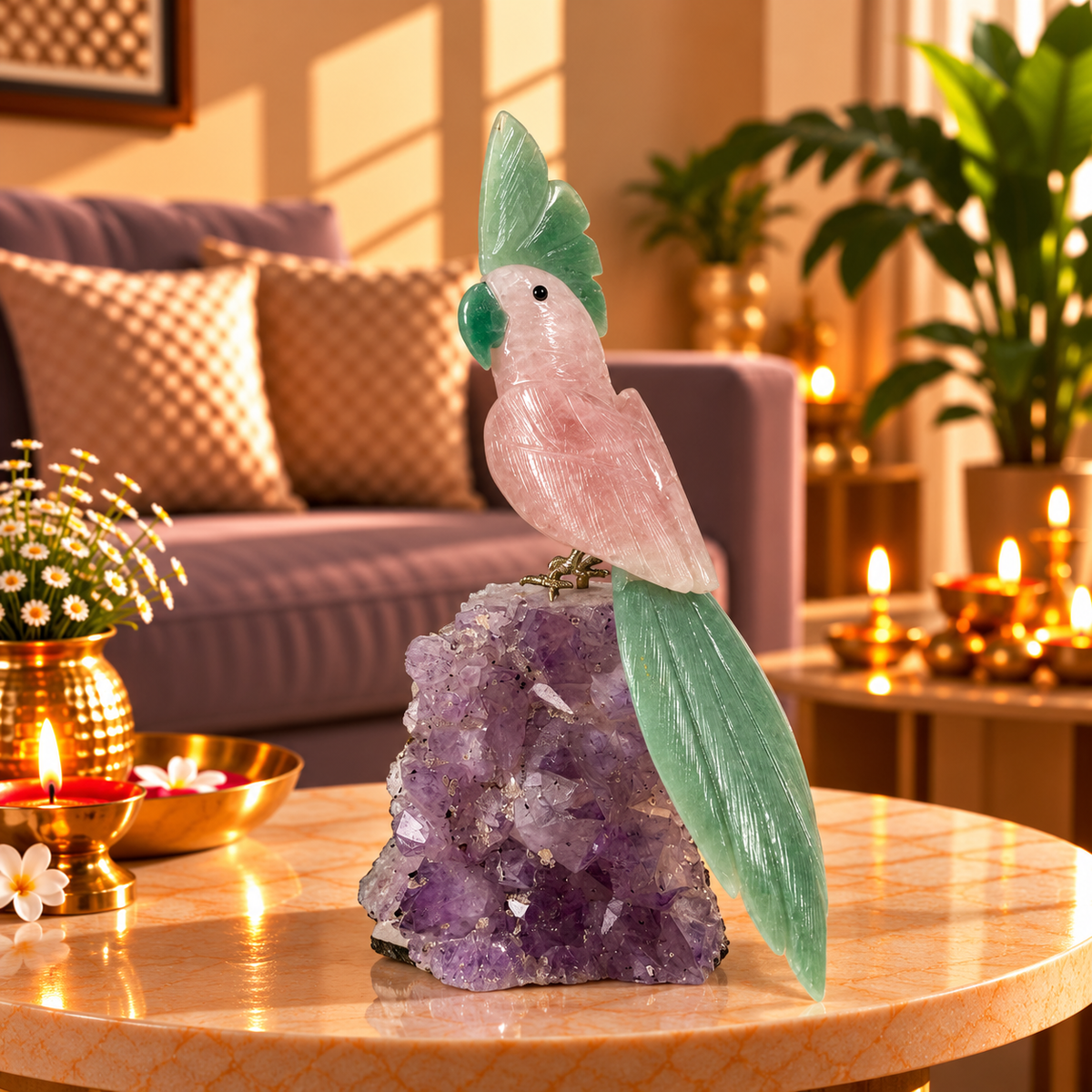 Rosjade Amethyst Gemstone Bird – Rose Quartz & Green Jade Crystal Parrot Home Décor, Love, Prosperity & Harmony Symbol 9.5 Inch, 1.2 Kg