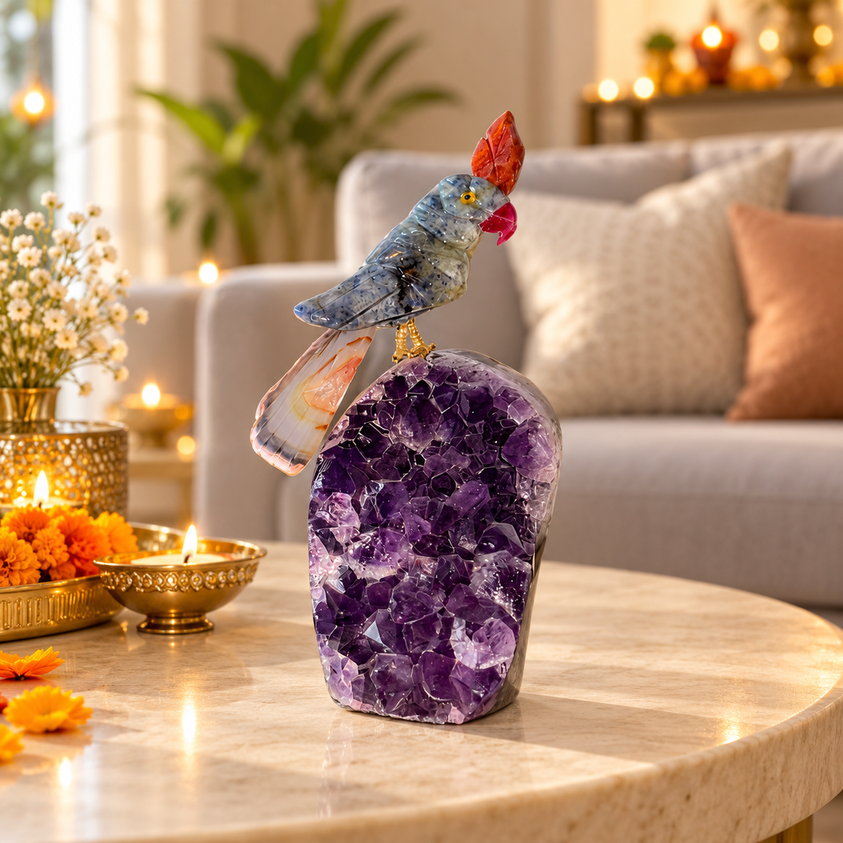 Blue Sodalite Gemstone Bird on Amethyst Base – Pink Agate Tail & Orange Calcite Crown, Clarity & Positive Energy Symbol, 4 Inch, 0.219 kg