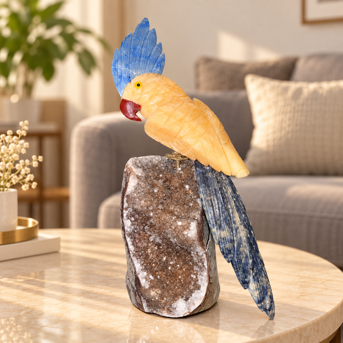 Aurevia Amethyst Gemstone Bird – Yellow Calcite, Blue Sodalite & Blue Agate Crystal Parrot Home Décor, Positivity & Wisdom Symbol | 9 Inch, 1.5 kg