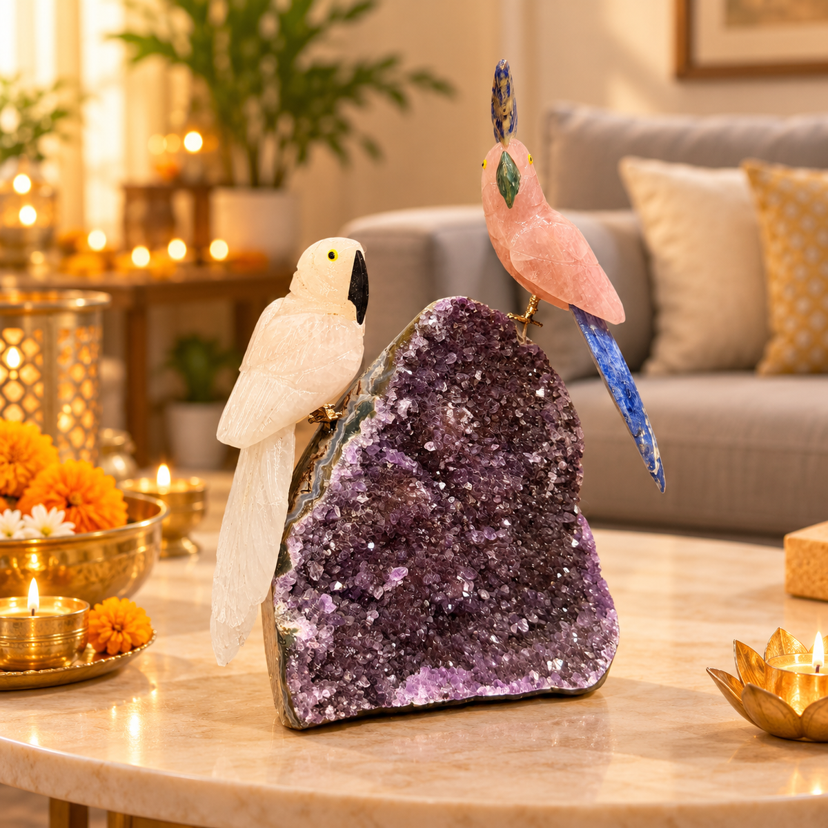 Rose Quartz & Blue Sodalite Gemstone Dual Bird Pair on Natural Amethyst – Crystal Couple Parrot Home Décor, Love & Harmony Symbol | 8.5 Inch, 2 kg