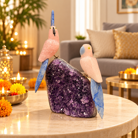 Amethyst Lovebirds Dual Pair – Rose Quartz & Lapis Lazuli Crystal Birds Sculpture, Love, Harmony & Togetherness Symbol | 9.5 Inch, Approx. 1.8 kg