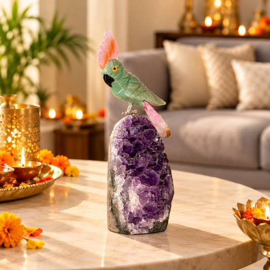 Green Jade & Pink Agate Gemstone Parrot on Amethyst Base – Crystal Bird Home Décor, Love, Harmony & Positivity Symbol | 5 Inch, 0.300 kg