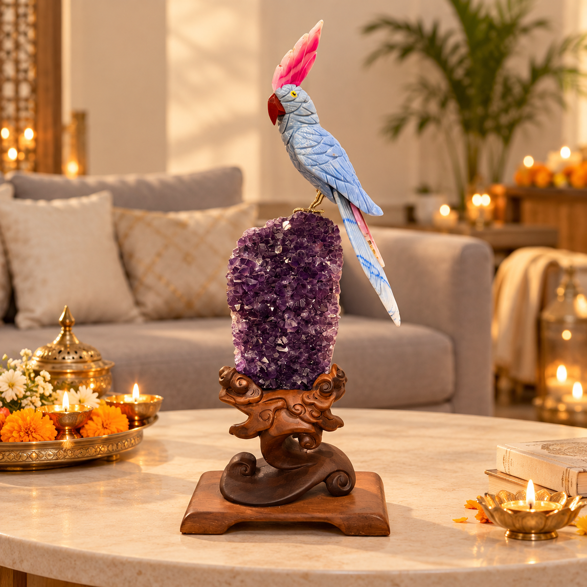 Majestic Lapis Lazuli Amethyst Gemstone Bird – Premium Wooden Stand Crystal Parrot Home Décor, Wisdom, Clarity & Harmony Symbol, 15 Inch, 2.5 kg