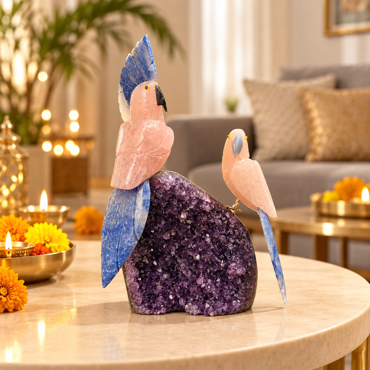Amethyst Lovebirds Dual Pair – Rose Quartz & Lapis Lazuli Crystal Birds Sculpture, Love, Harmony & Togetherness Symbol | 9.5 Inch, Approx. 1.8 kg
