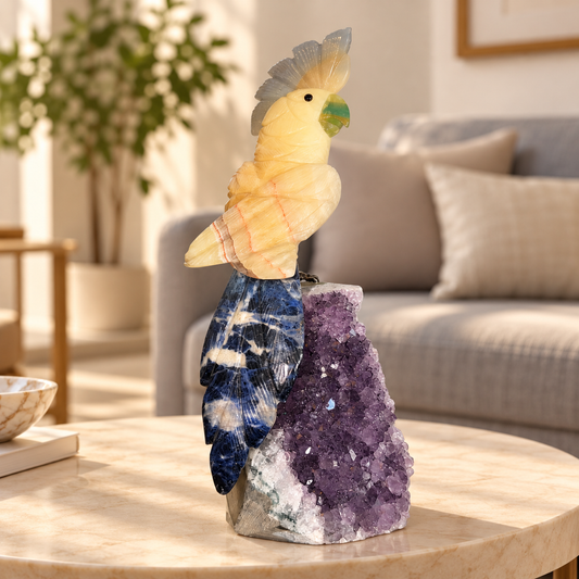 Aurevia Honey Onyx Amethyst Gemstone Bird – Blue Sodalite Crystal Parrot Home Décor, Confidence & Harmony Symbol | 10 Inch, 1.4 kg