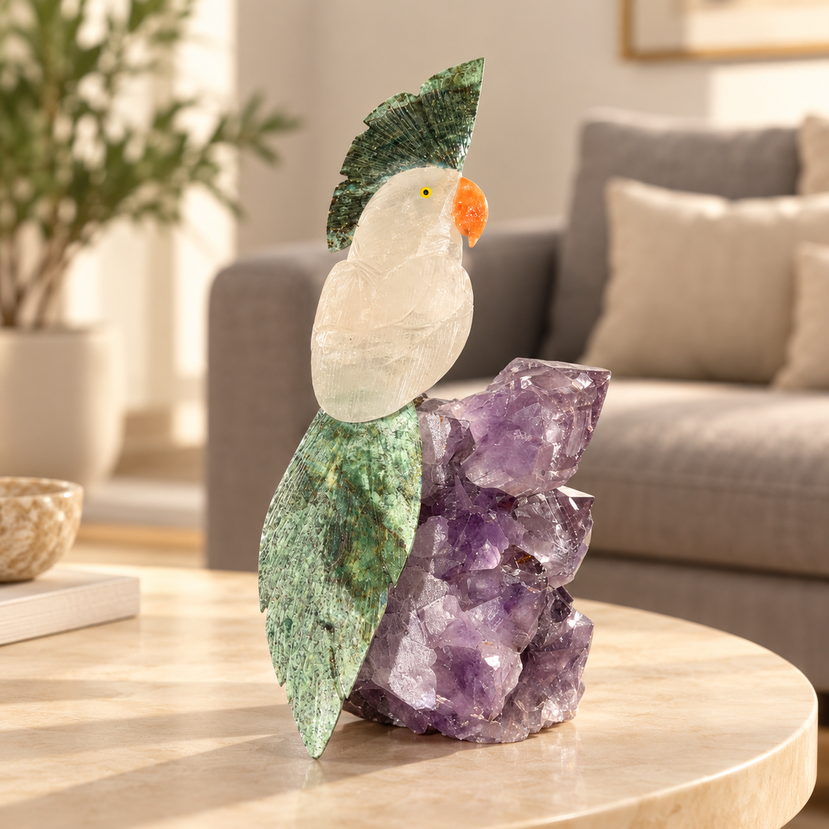 Aurevia Clear Quartz Gemstone Bird – Ruby Zoisite Crystal Parrot on Amethyst Base, Clarity & Harmony Symbol, 10 Inch, 1.8 kg