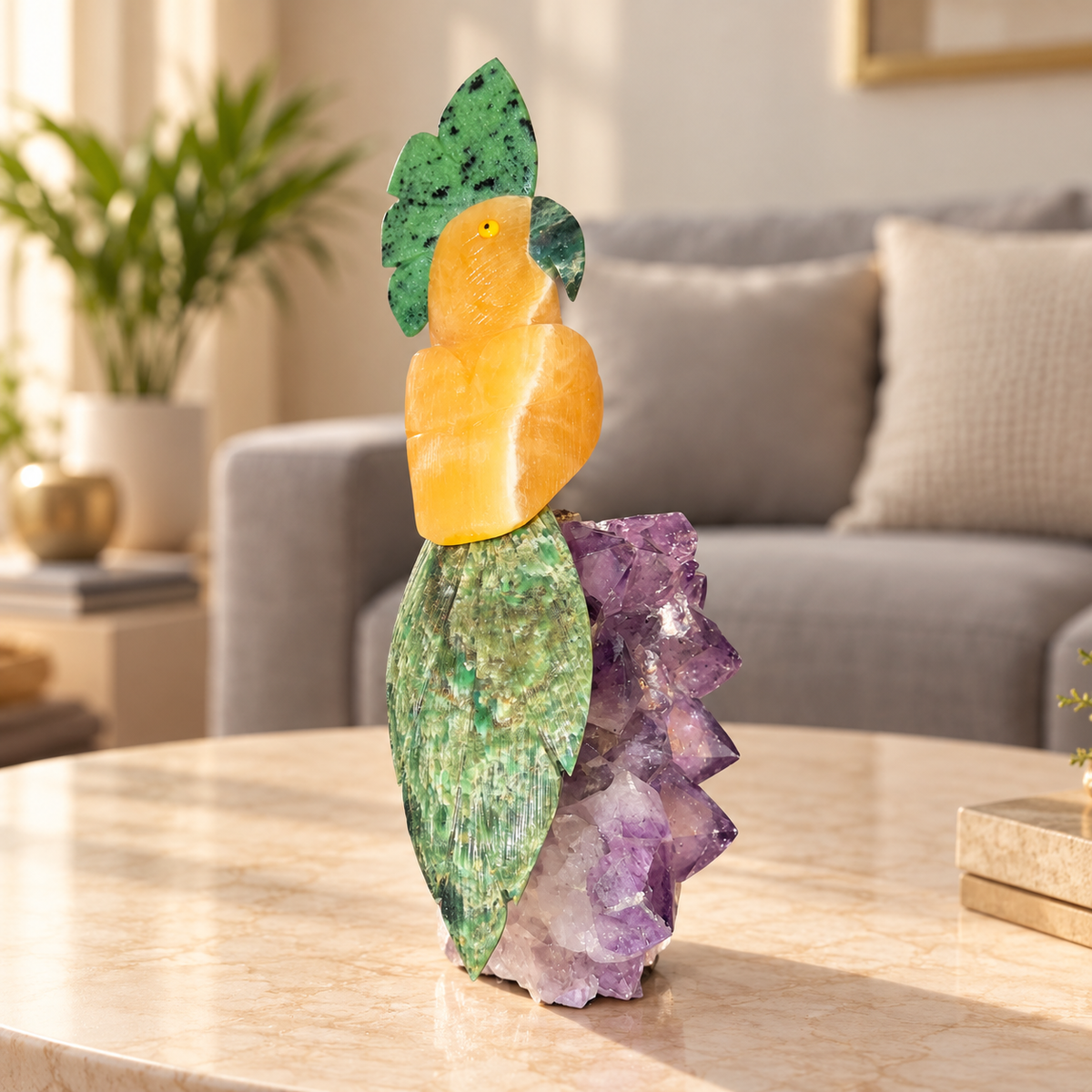 Aurevia Amethyst Gemstone Bird – Yellow Calcite & Ruby Zoisite Crystal Parrot Home Décor, Positivity & Harmony Symbol, 9.5 Inch, 1.630 kg
