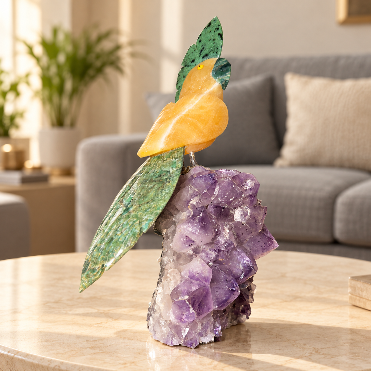 Aurevia Amethyst Gemstone Bird – Yellow Calcite & Ruby Zoisite Crystal Parrot Home Décor, Positivity & Harmony Symbol, 9.5 Inch, 1.630 kg