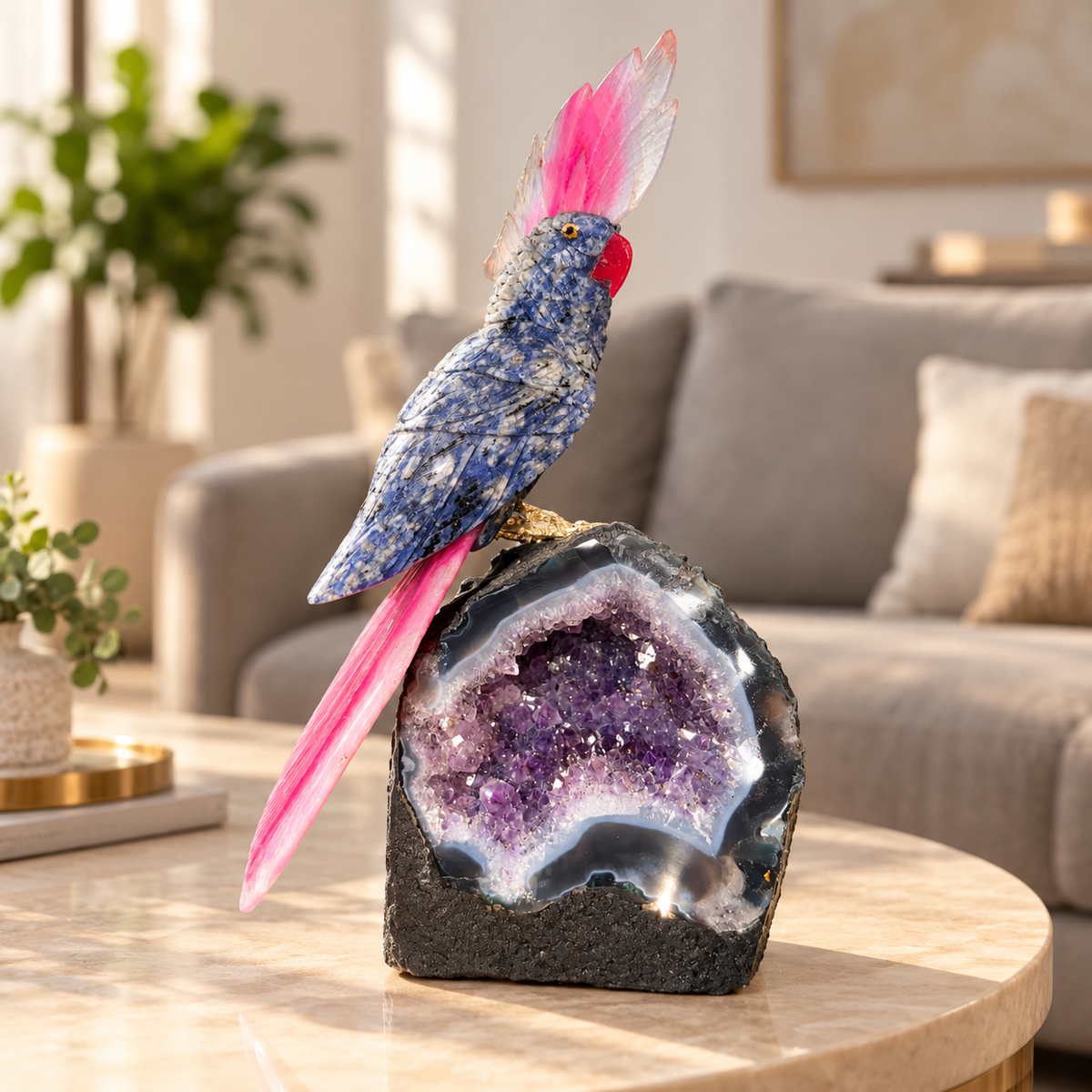 Aurevia Amethyst Gemstone Bird – Blue Sodalite & Pink Agate Crystal Parrot Home Décor, Wisdom & Harmony Symbol | 9 Inch, 1.2 kg