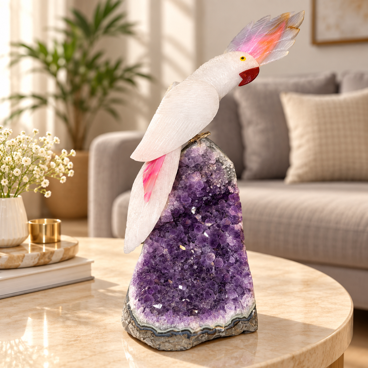 Aurevia White Quartz Gemstone Bird – Pink Agate Crystal Parrot on Amethyst, Peace & Love Symbol | 9 Inch, 1.7 kg