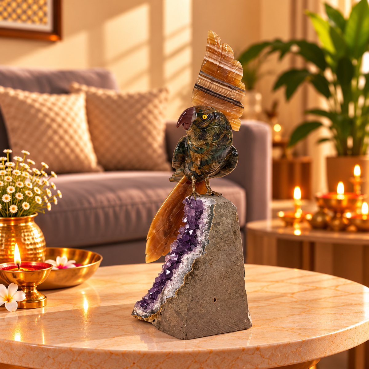 Tigera Amethyst Gemstone Bird – Jasper & Tiger Eye Crystal Parrot Home Décor, Strength, Protection & Prosperity Symbol 10 Inch, 1.3 Kg