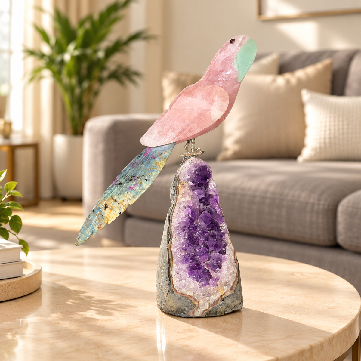 Aurevia Amethyst Gemstone Bird – Rose Quartz & Ruby Zoisite Crystal Parrot Home Décor, Love & Harmony Symbol, 9 Inch, 1.054 kg