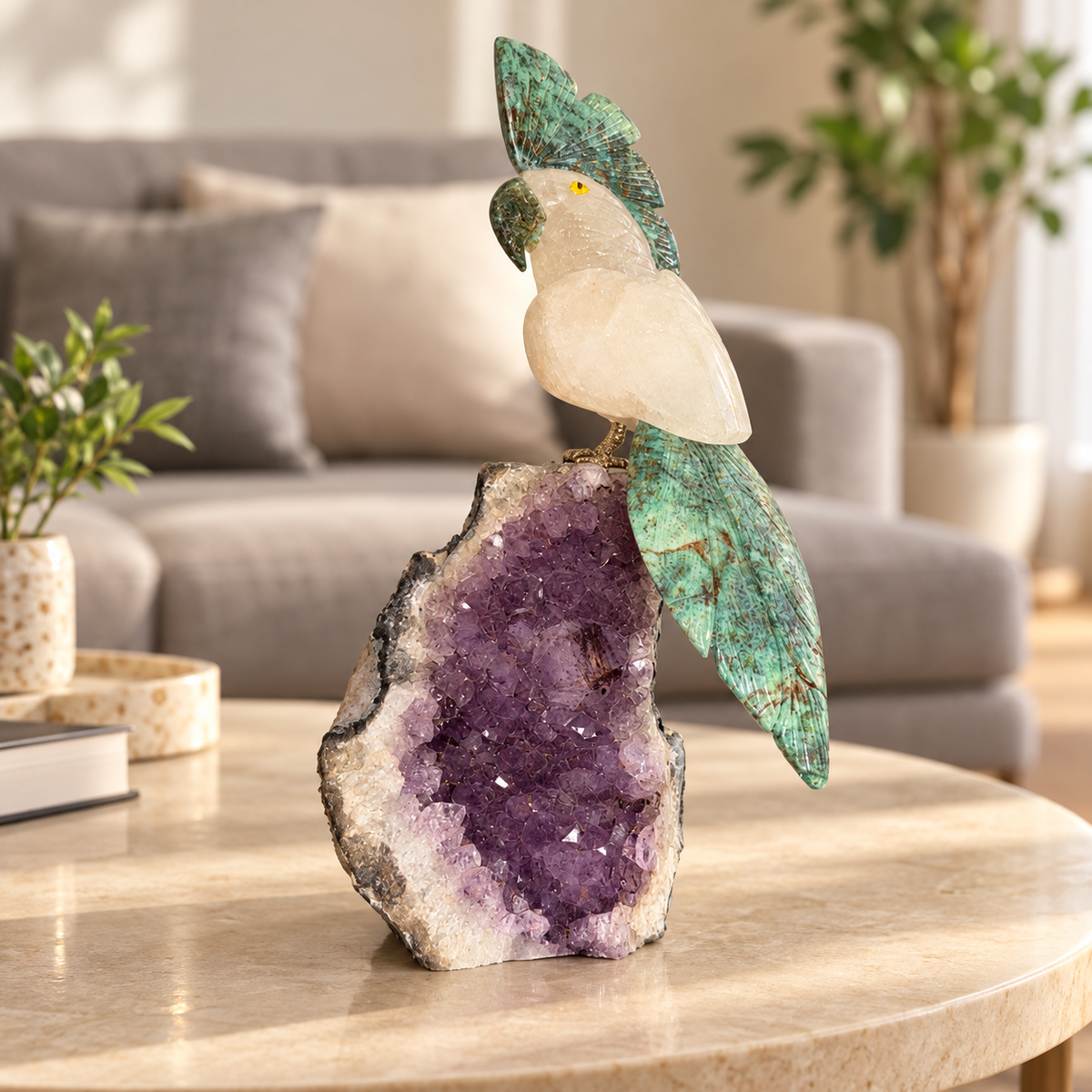 Aurevia Clear Quartz Amethyst Gemstone Bird – Ruby Zoisite Crystal Parrot Home Décor, Clarity & Emotional Balance Symbol