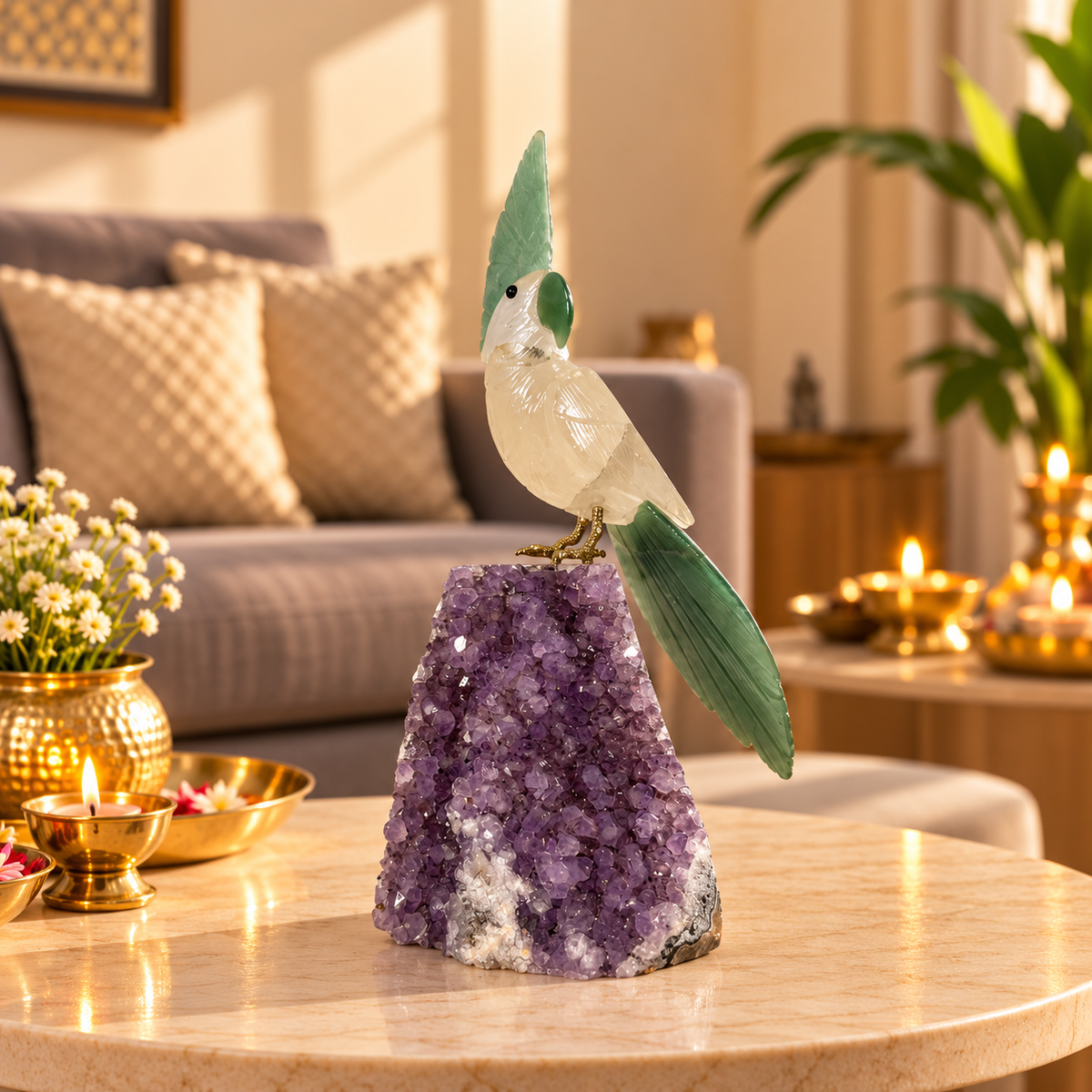 Jadevia Amethyst Gemstone Bird – Clear Quartz & Green Jade Crystal Parrot Home Décor, Prosperity & Harmony Symbol 9.5 inch, 1.35 Kg