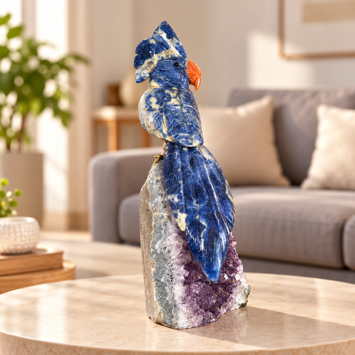 Aurevia Blue Sodalite Gemstone Bird on Amethyst – Crystal Parrot Home Décor, Clarity & Harmony Symbol | 9 Inch, 1.3 kg