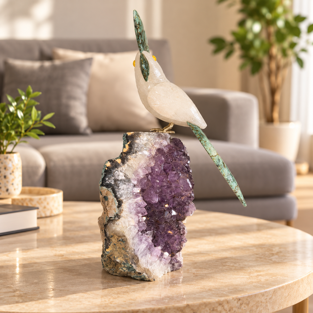 Aurevia Clear Quartz Amethyst Gemstone Bird – Ruby Zoisite Crystal Parrot Home Décor, Clarity & Emotional Balance Symbol