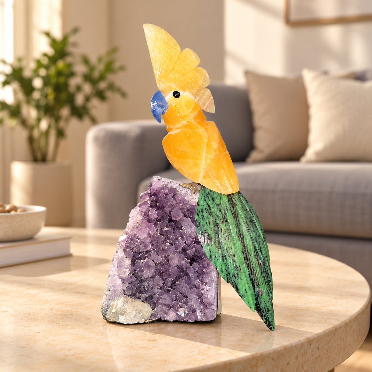 Aurevia Amethyst Gemstone Bird – Yellow Calcite Crystal Parrot Home Décor, Positivity & Prosperity Symbol