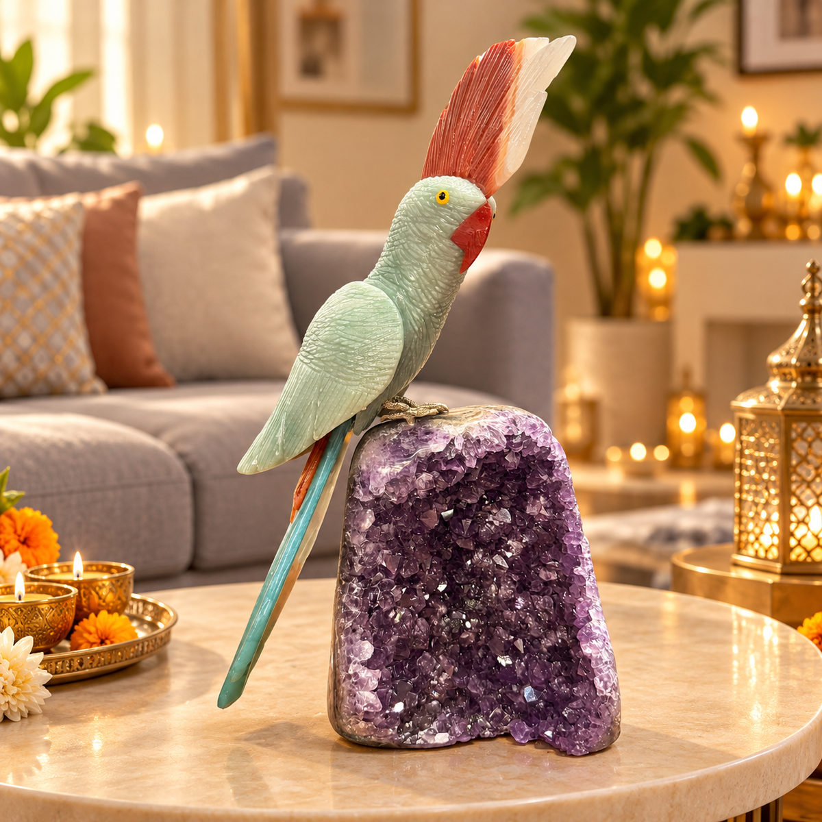 Jadecrest Amethyst Gemstone Bird – Green Jade Crystal Parrot Home Décor, Prosperity & Harmony Symbol, 11 Inch, 2.1 kg