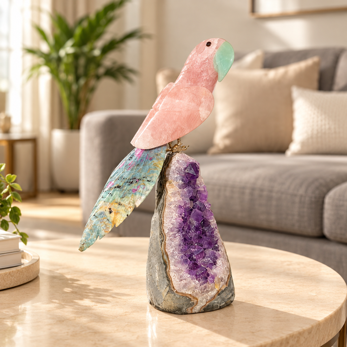 Aurevia Amethyst Gemstone Bird – Rose Quartz & Ruby Zoisite Crystal Parrot Home Décor, Love & Harmony Symbol, 9 Inch, 1.054 kg