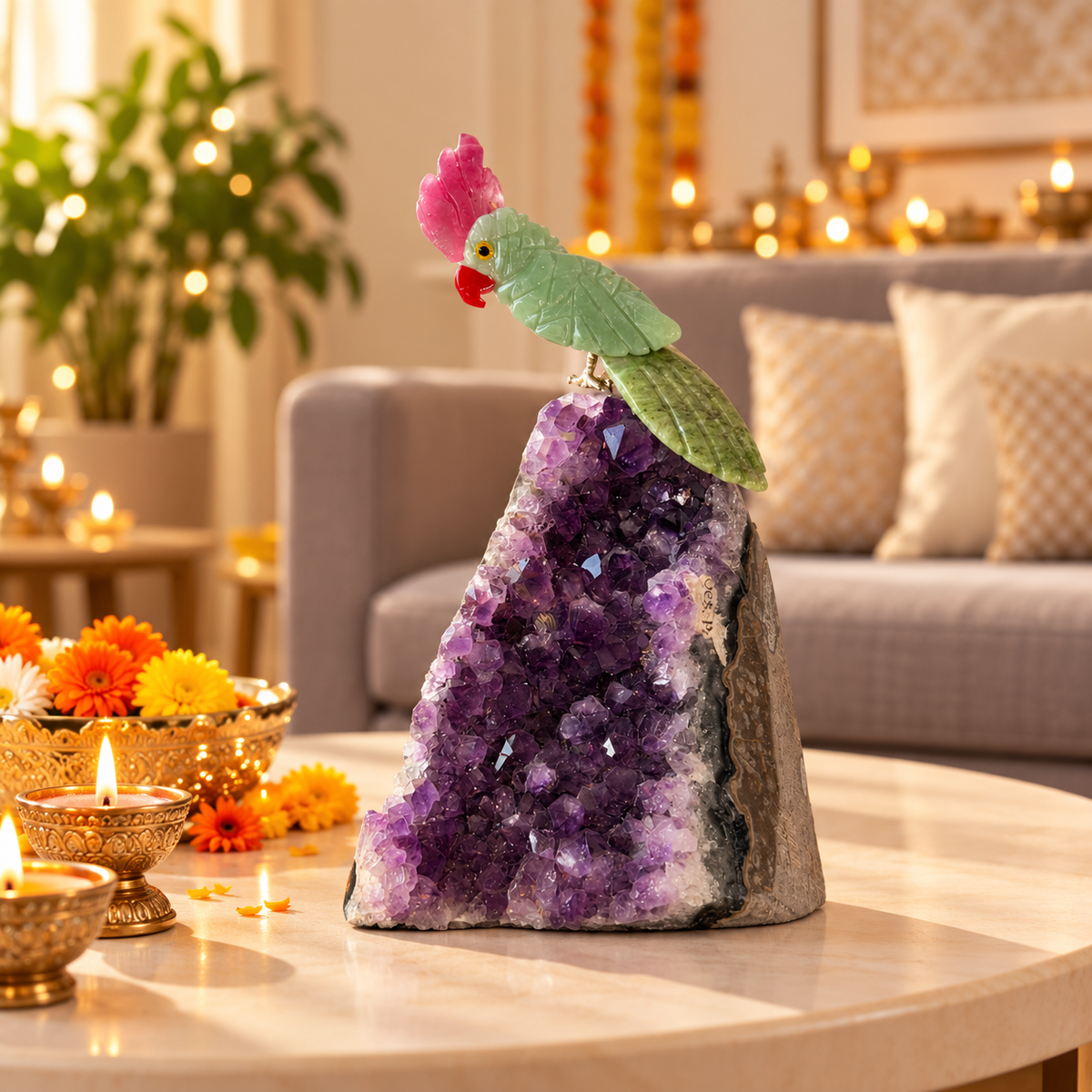 Green Jade & Ruby Zoisite Gemstone Bird on Amethyst Base – Pink Agate Crown Crystal Parrot Home Décor, Harmony & Prosperity Symbol, 5.5 Inch, 0.496 kg