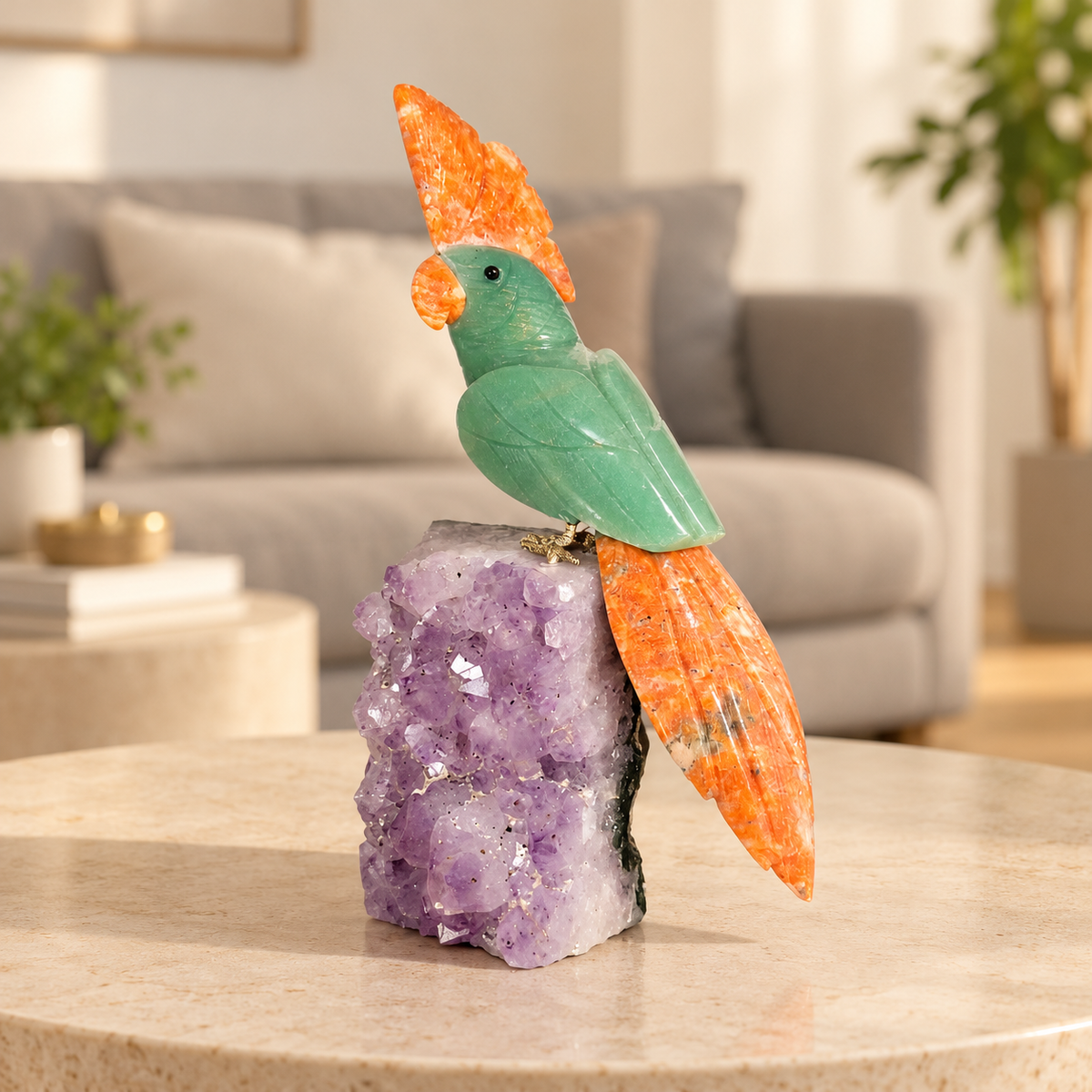 Aurevia Amethyst Gemstone Bird – Green Aventurine & Orange Calcite Crystal Parrot Home Décor, Prosperity & Positivity Symbol