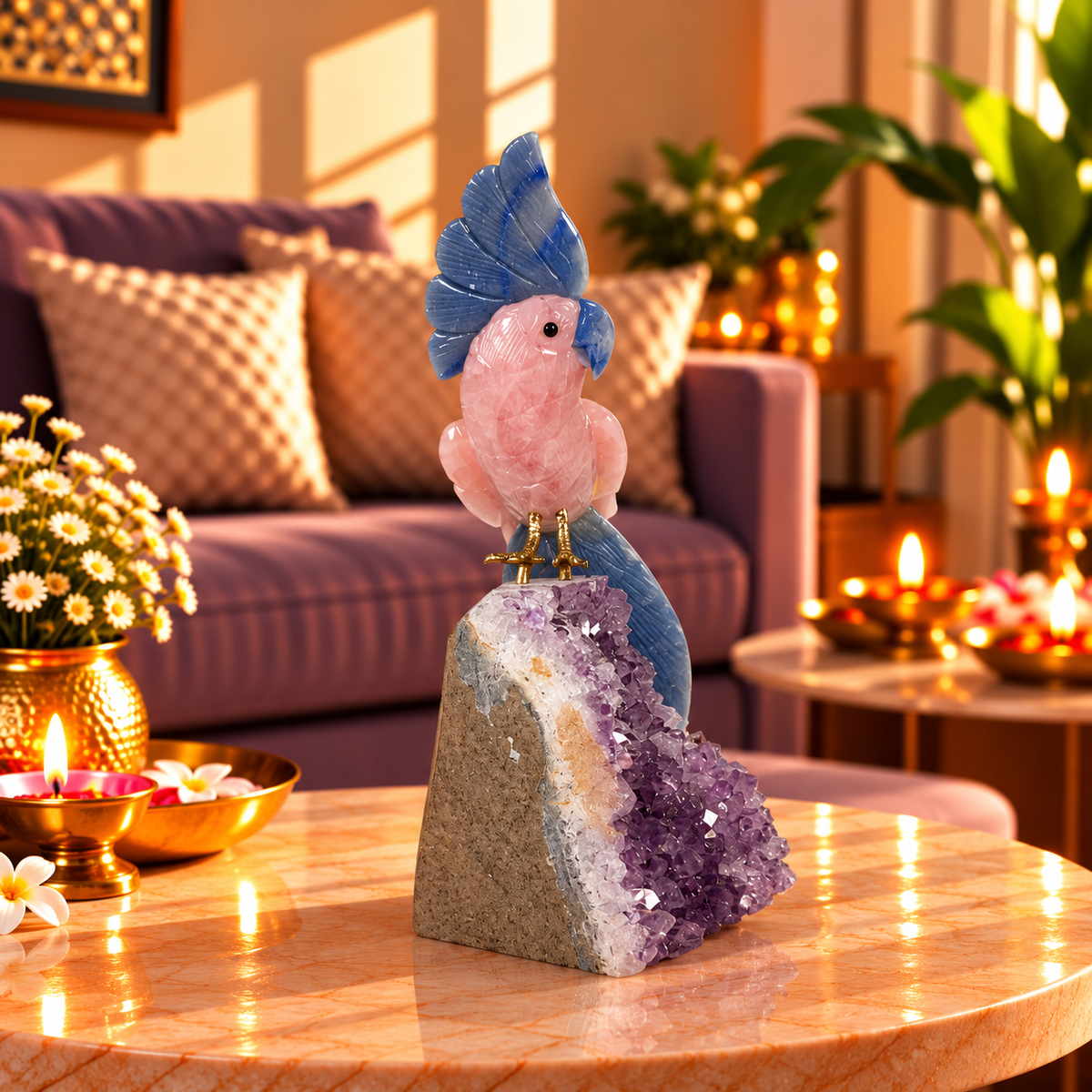 Roselle Amethyst Gemstone Bird – Rose Quartz & Blue Sodalite Crystal Parrot Home Décor, Love, Clarity & Harmony Symbol 8.5 Inch, 1.4 Kg