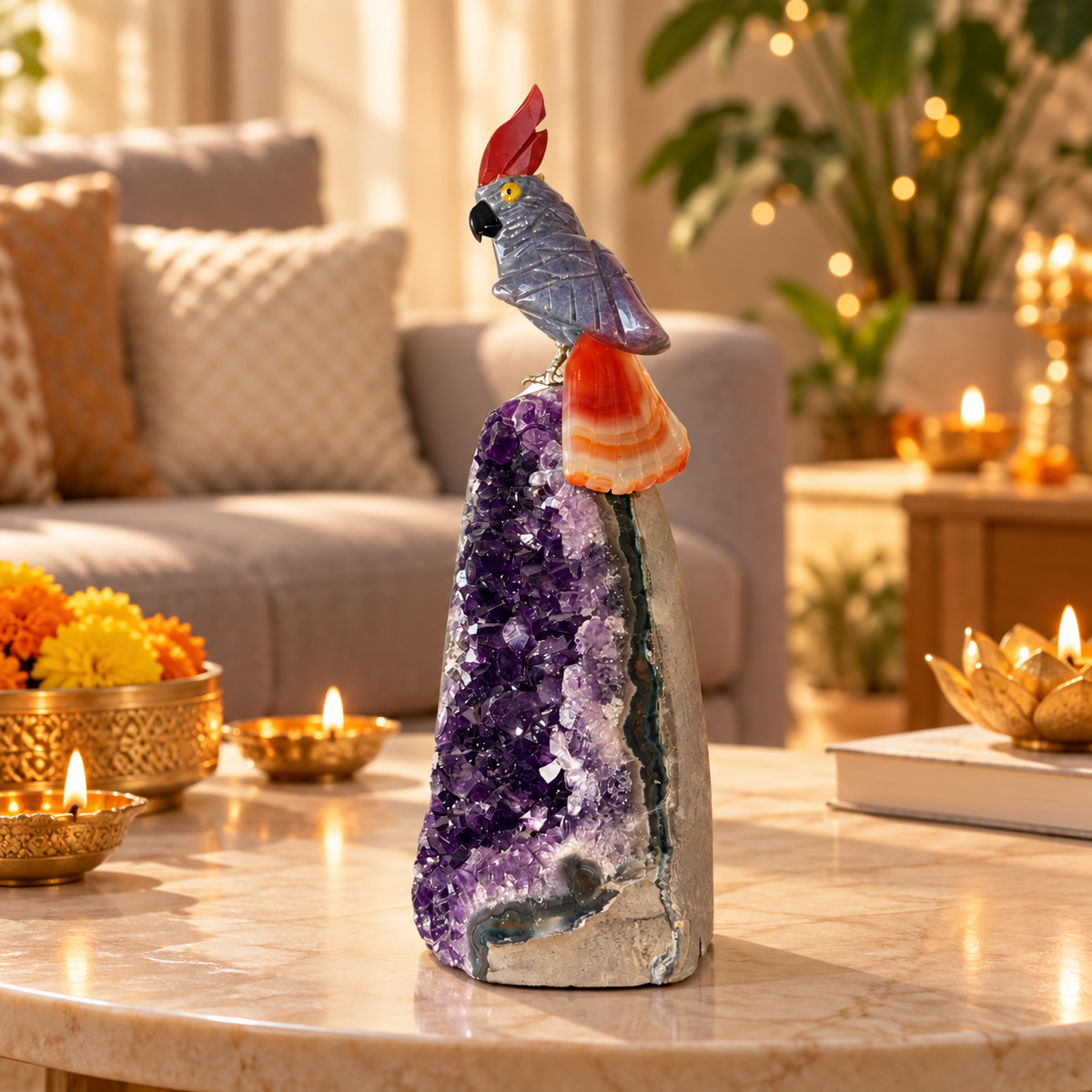 Aurevia Blue Sodalite Gemstone Bird – Brown Agate Crystal Parrot on Amethyst Base, Wisdom, Clarity & Harmony Symbol