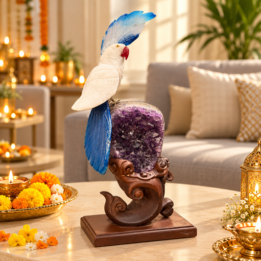 Royal Perch Masterpiece Amethyst Gemstone Bird – White Quartz & Blue Agate Crystal Parrot on Ornamental Wooden Stand, Luxury Home Décor, Peace, Clarity & Harmony Symbol, 13 Inch, 2.5 kg