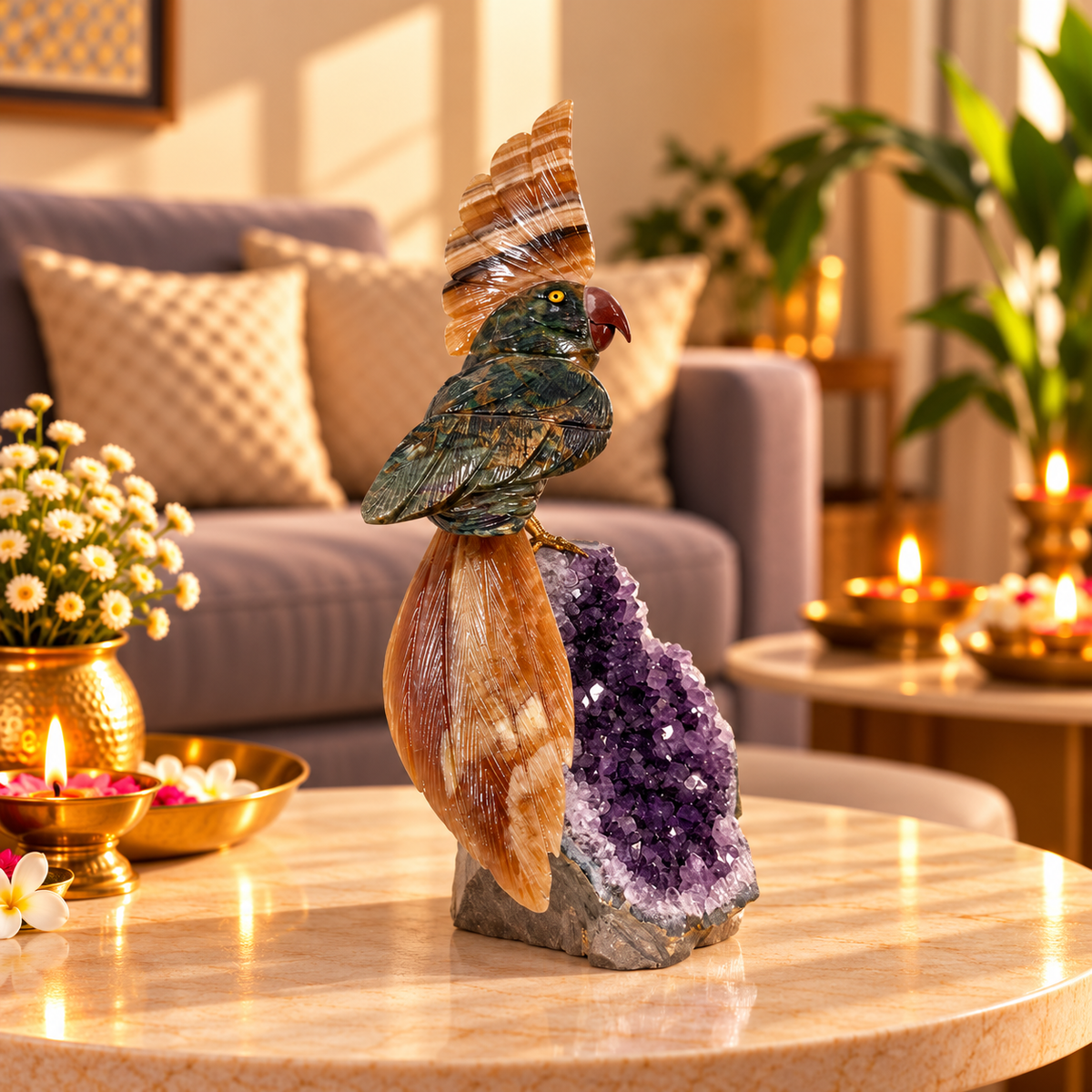 Tigera Amethyst Gemstone Bird – Jasper & Tiger Eye Crystal Parrot Home Décor, Strength, Protection & Prosperity Symbol 10 Inch, 1.3 Kg