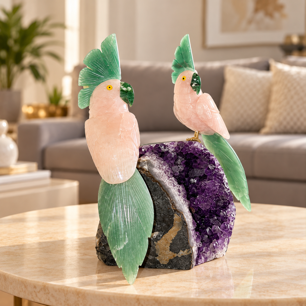 Aurevia Rose Quartz Duo Gemstone Birds – Green Jade Crystal Bird Home Décor, Love & Harmony Symbol, 7.5 Inch, 1.6 kg