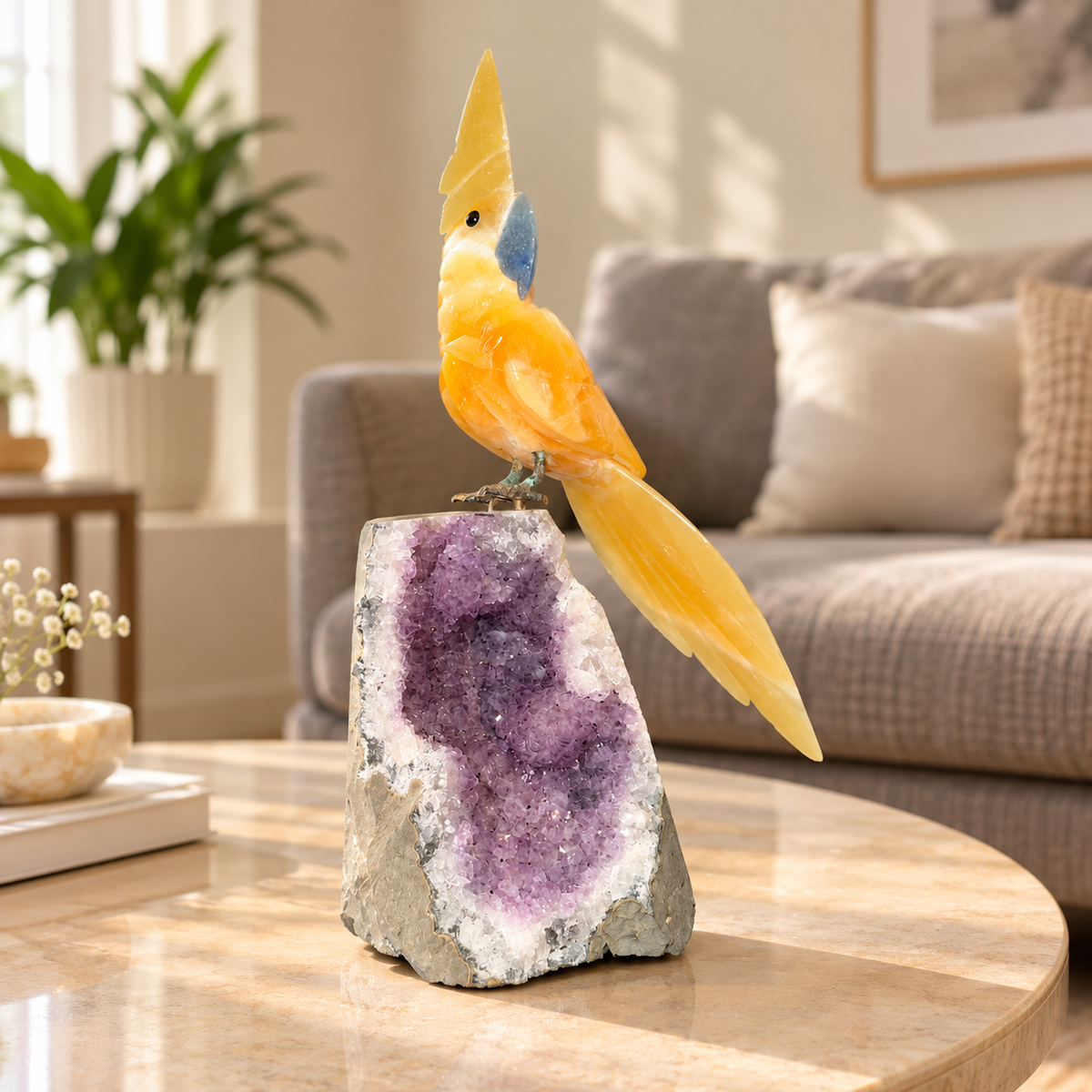 Aurevia Amethyst Gemstone Bird – Yellow Calcite Crystal Parrot Home Décor, Positivity & Prosperity Symbol