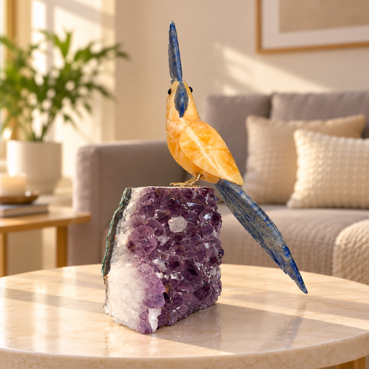 Aurevia Amethyst Gemstone Bird – Yellow Calcite & Blue Sodalite Crystal Parrot Home Décor, Positivity & Harmony Symbol | 10 Inch, 1.6 kg