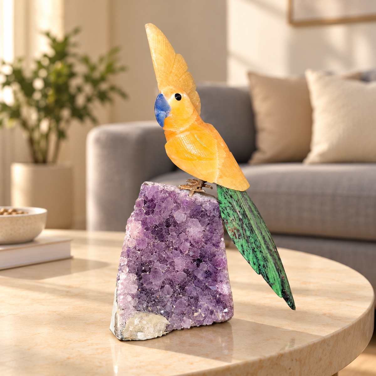 Aurevia Amethyst Gemstone Bird – Yellow Calcite Crystal Parrot Home Décor, Positivity & Prosperity Symbol