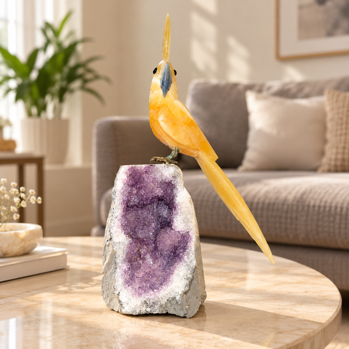 Aurevia Amethyst Gemstone Bird – Yellow Calcite Crystal Parrot Home Décor, Positivity & Prosperity Symbol