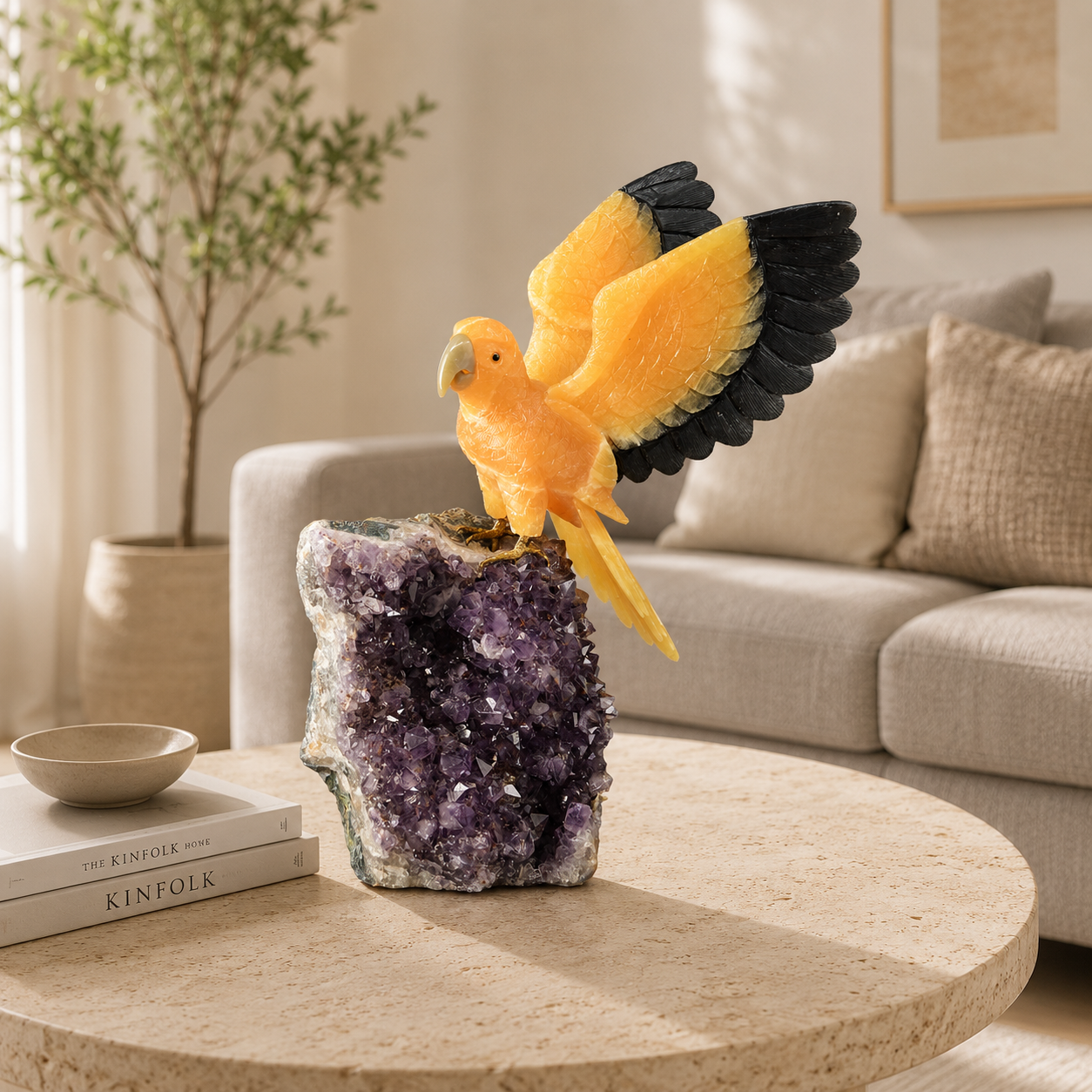 Aurelux Amethyst Gemstone Parrot – Golden Radiance & Prosperity Symbol | 20 Inch, 7.2kg