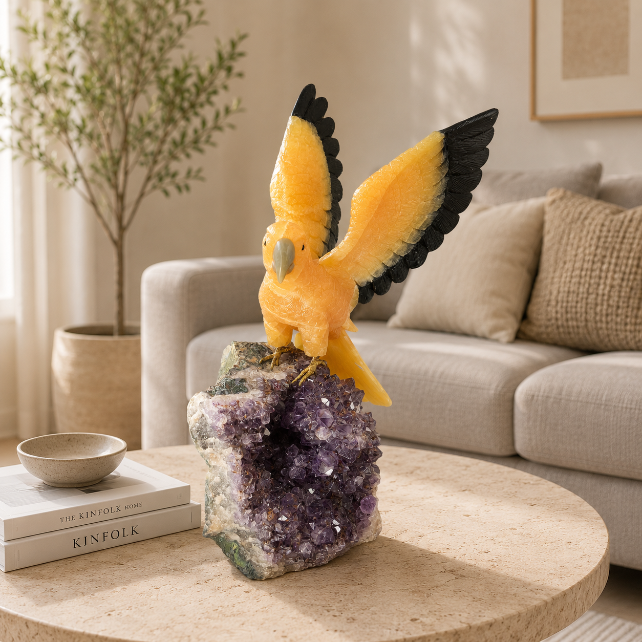 Aurelux Amethyst Gemstone Parrot – Golden Radiance & Prosperity Symbol | 20 Inch, 7.2kg