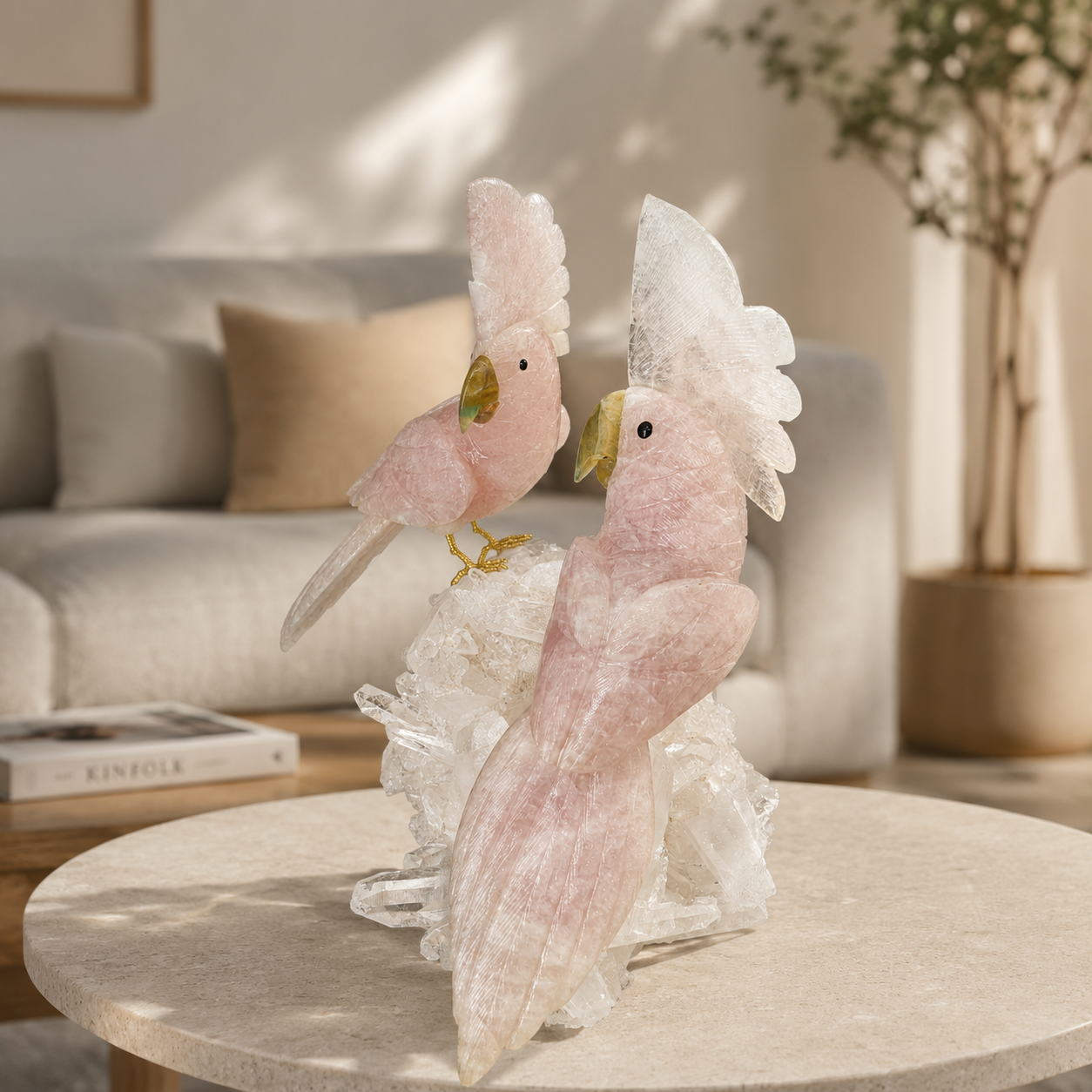 Aurora Rose Quartz Gemstone Cockatoo Duo – One-of-One Crystal Masterpiece Décor, Love & Harmony Symbol | 19 Inch, 8.7kg