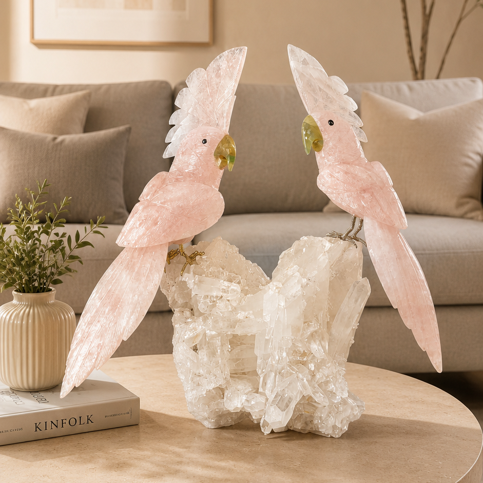 Aurora Rose Quartz Gemstone Cockatoo Duo – One-of-One Crystal Masterpiece Décor, Love & Harmony Symbol | 19 Inch, 8.7kg