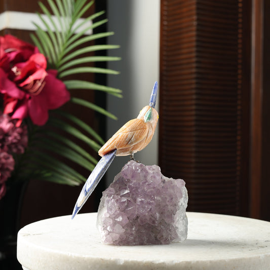 Soladite Orange Calcite & Blue Sodalite Gemstone Bird – Amethyst Base Crystal Parrot Home Décor, Creativity & Clarity Symbol (6.2 Inch, 650 g)
