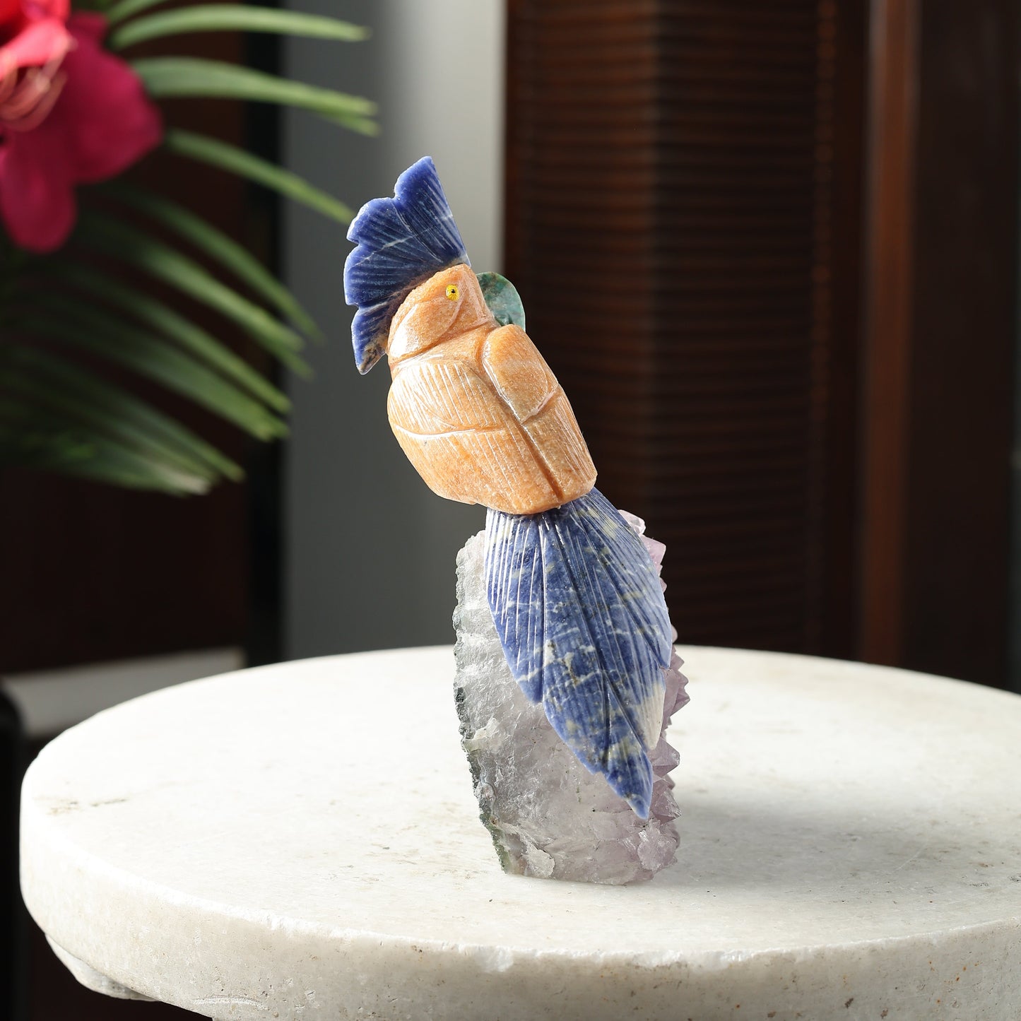 Soladite Orange Calcite & Blue Sodalite Gemstone Bird – Amethyst Base Crystal Parrot Home Décor, Creativity & Clarity Symbol (6.2 Inch, 650 g)
