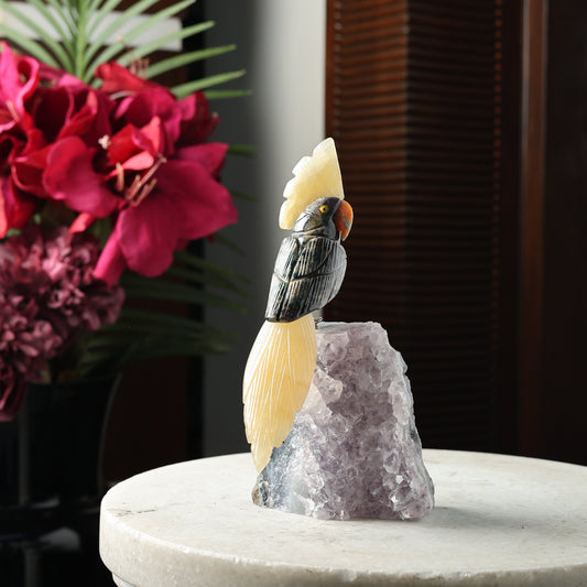 Positive Flow Bird – Ruby Zoisite Yellow Calcite Gemstone Bird – Amethyst Base Home Décor, Growth & Positive Energy Symbol (7 Inch, 780 g)