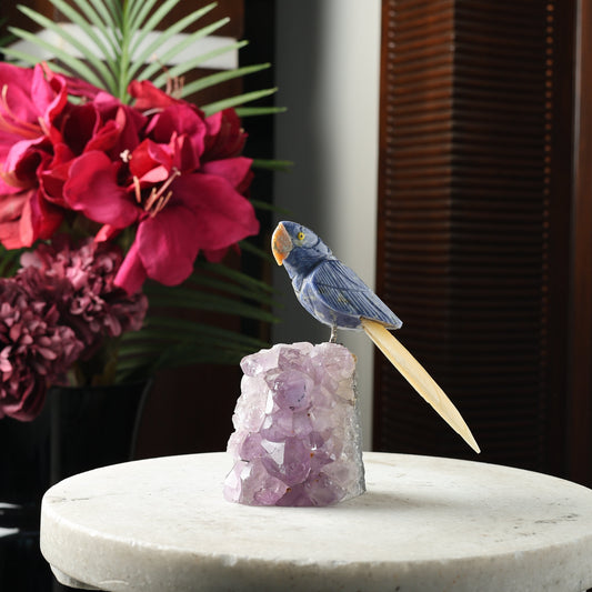 Solique Yellow Calcite & Blue Sodalite Gemstone Bird – Amethyst Base Crystal Parrot Home Décor, Positivity & Clarity Symbol (5.5 Inch, 720 g)