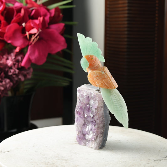 Calciora Jadecrest Crystal Bird – Orange Calcite & Green Jade Gemstone Parrot with Amethyst Base, Joy & Prosperity Symbol, 7 Inch, 750 g