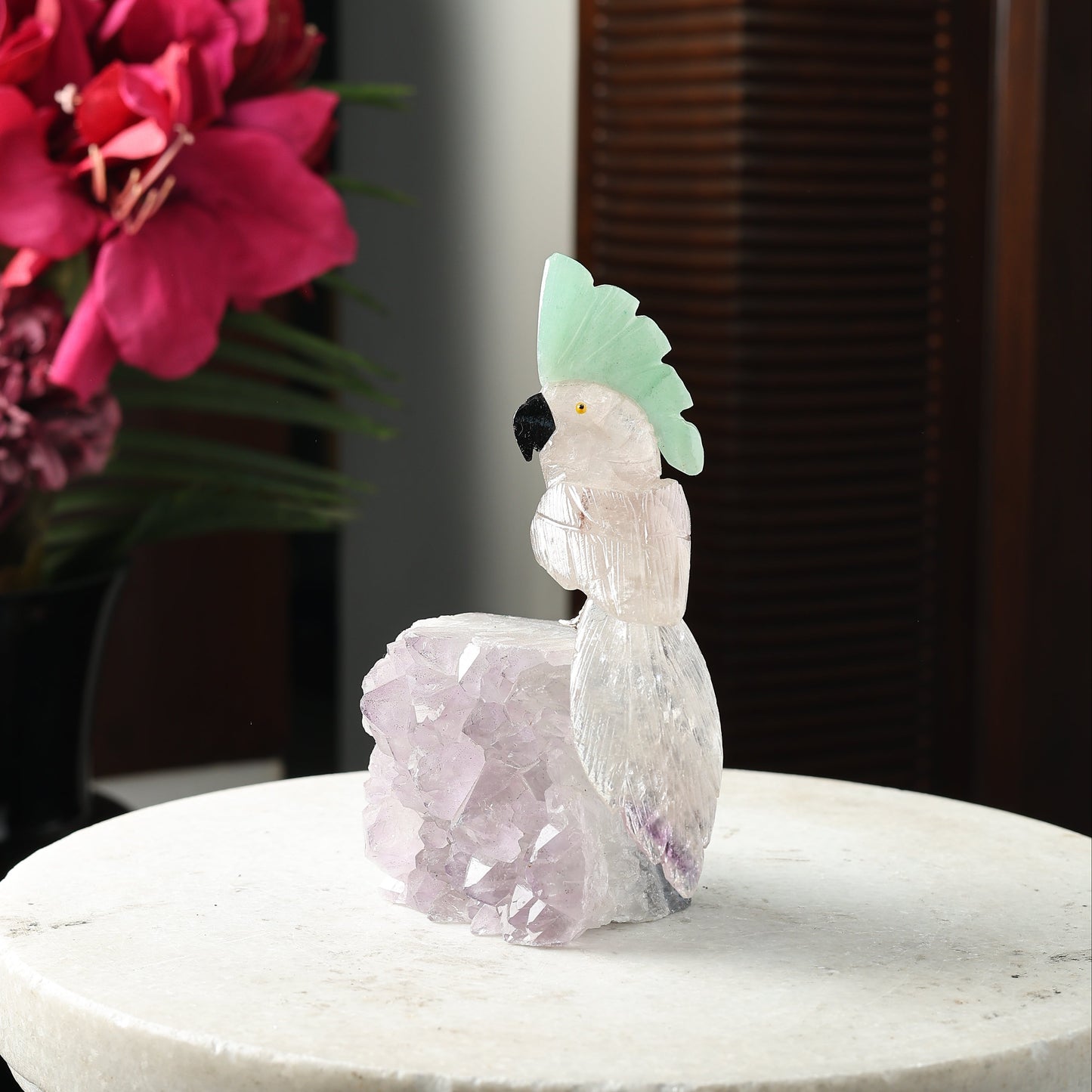 Clarivine Clear Quartz Gemstone Bird with Green Jade Crown – Amethyst Base Crystal Parrot Home Décor, Clarity & Prosperity Symbol (6.5 Inch, 784 g)