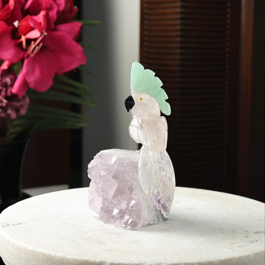 Clarivine Clear Quartz Gemstone Bird with Green Jade Crown – Amethyst Base Crystal Parrot Home Décor, Clarity & Prosperity Symbol (6.5 Inch, 784 g)