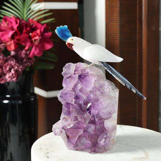 Celestine Amethyst Cluster Gemstone Bird Sculpture – Handcrafted Crystal Bird Luxury Home Décor, Natural Healing Stone Showpiece for Vastu & Feng Shui (10 Inch, 3.2 kg)