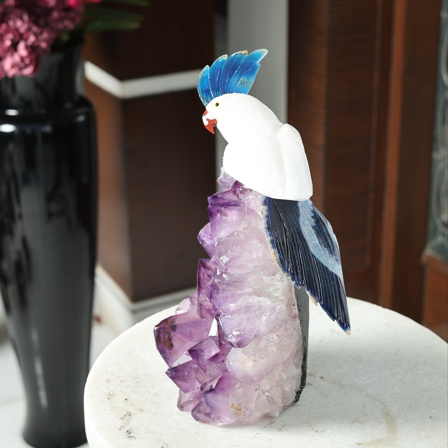 Celestine Amethyst Cluster Gemstone Bird Sculpture – Handcrafted Crystal Bird Luxury Home Décor, Natural Healing Stone Showpiece for Vastu & Feng Shui (10 Inch, 3.2 kg)