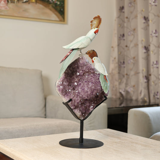 Celestara Amethyst Geode Gemstone Bird Sculpture – Handcrafted Crystal Birds Luxury Home Décor, Feng Shui Healing Showpiece on Metal Stand 26 Inch, 10.8 kg