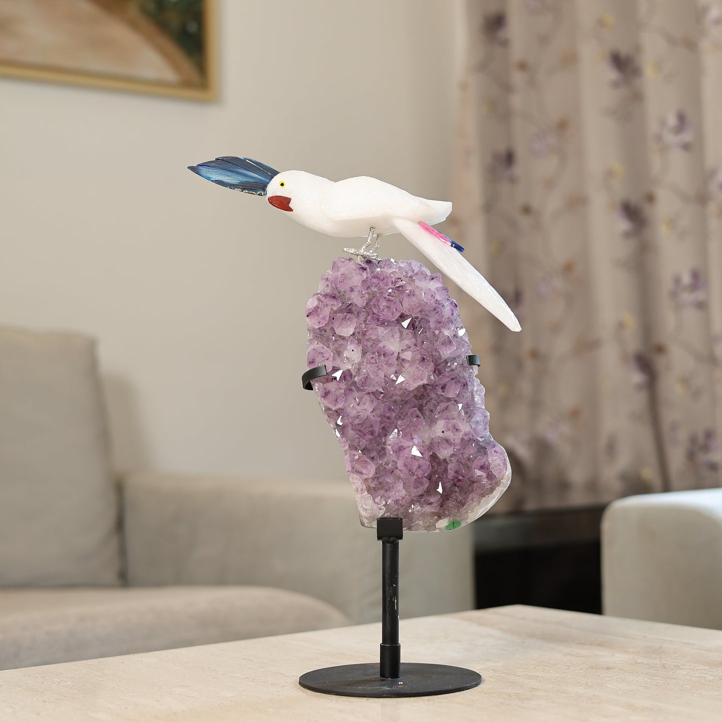 Aurecrest Amethyst Geode Gemstone Bird Sculpture – Handcrafted Crystal Bird Luxury Home Décor Showpiece with Metal Stand, Feng Shui & Vastu Decorative Piece 17 Inch, 3.8 Kg