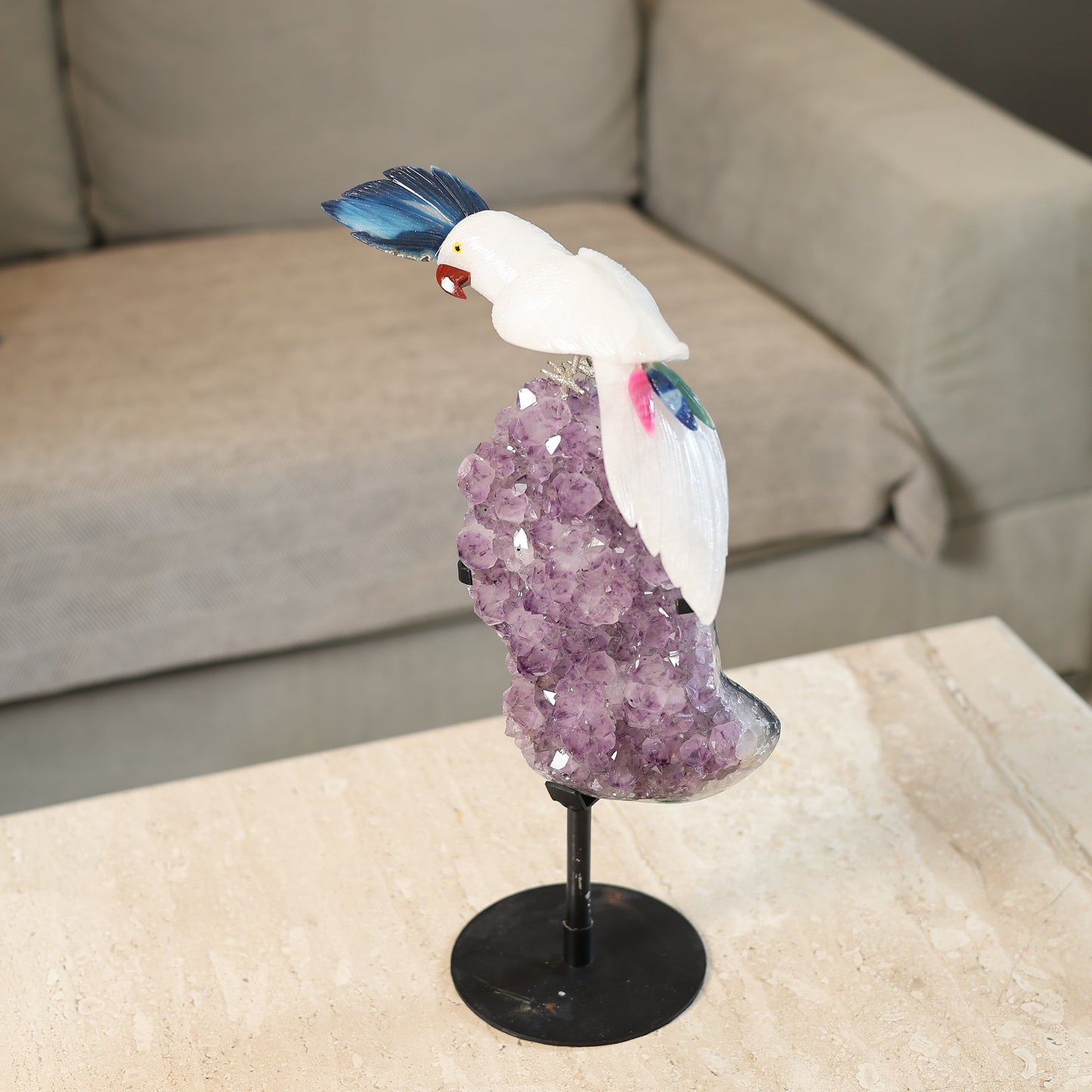 Aurecrest Amethyst Geode Gemstone Bird Sculpture – Handcrafted Crystal Bird Luxury Home Décor Showpiece with Metal Stand, Feng Shui & Vastu Decorative Piece 17 Inch, 3.8 Kg